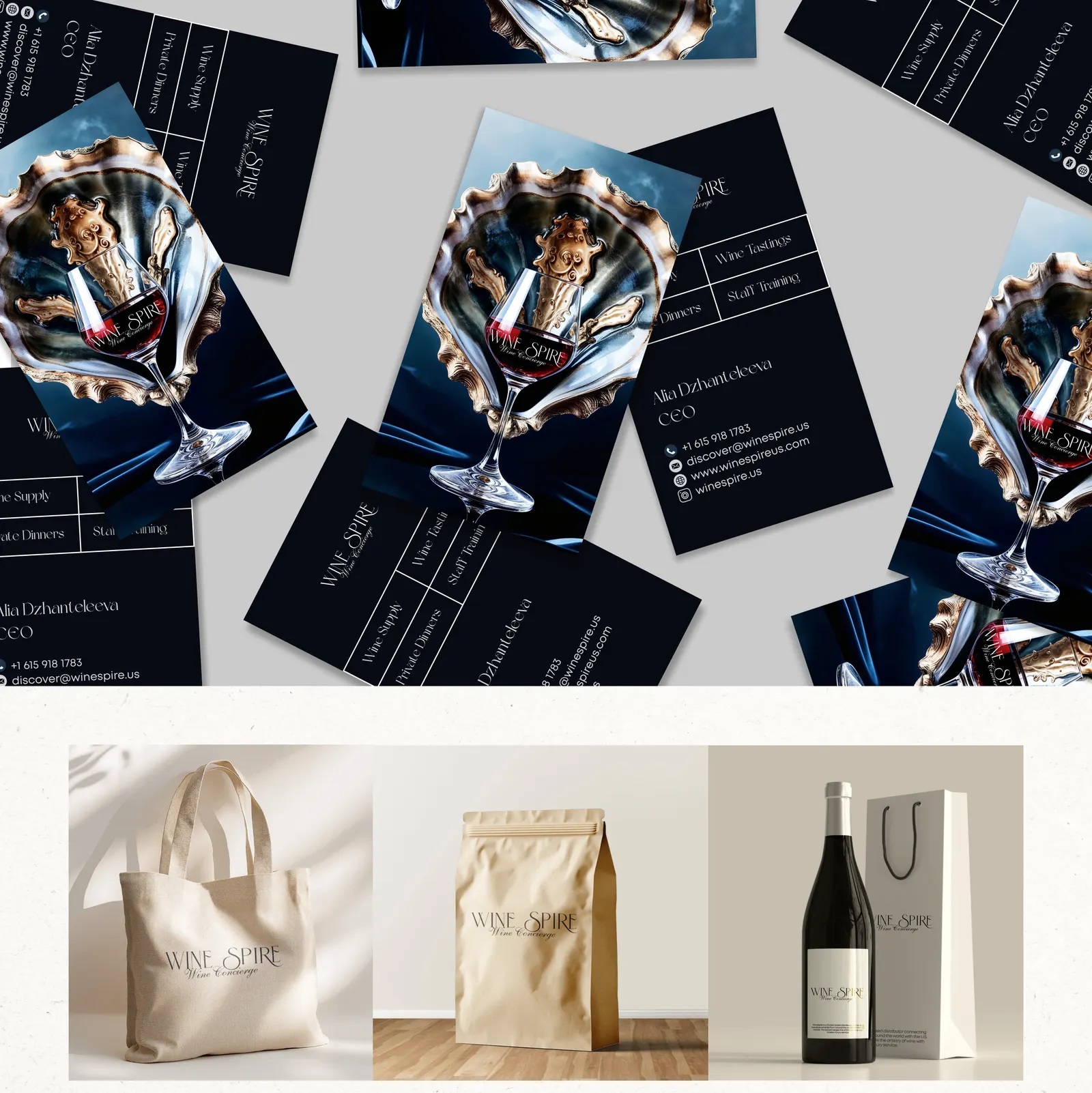 WineSpire business cards, tote bag and wine bag