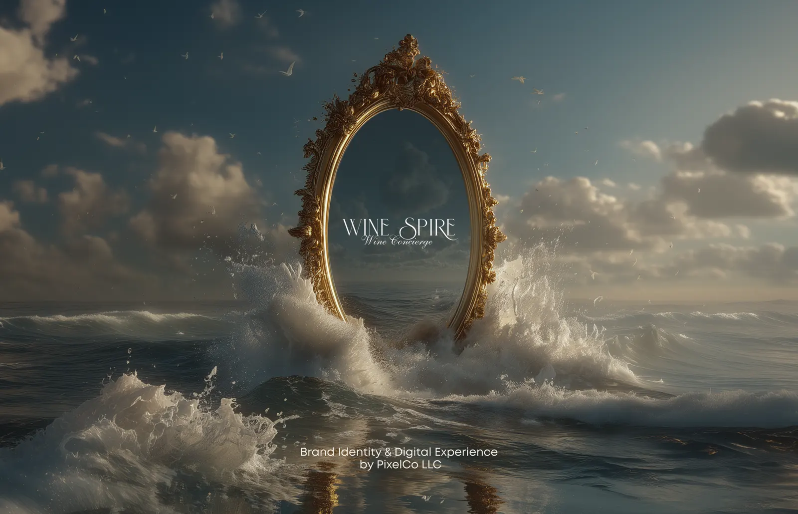 WineSpire logo in a gilded mirror rising from the ocean, wine brand identity by Pixelco
