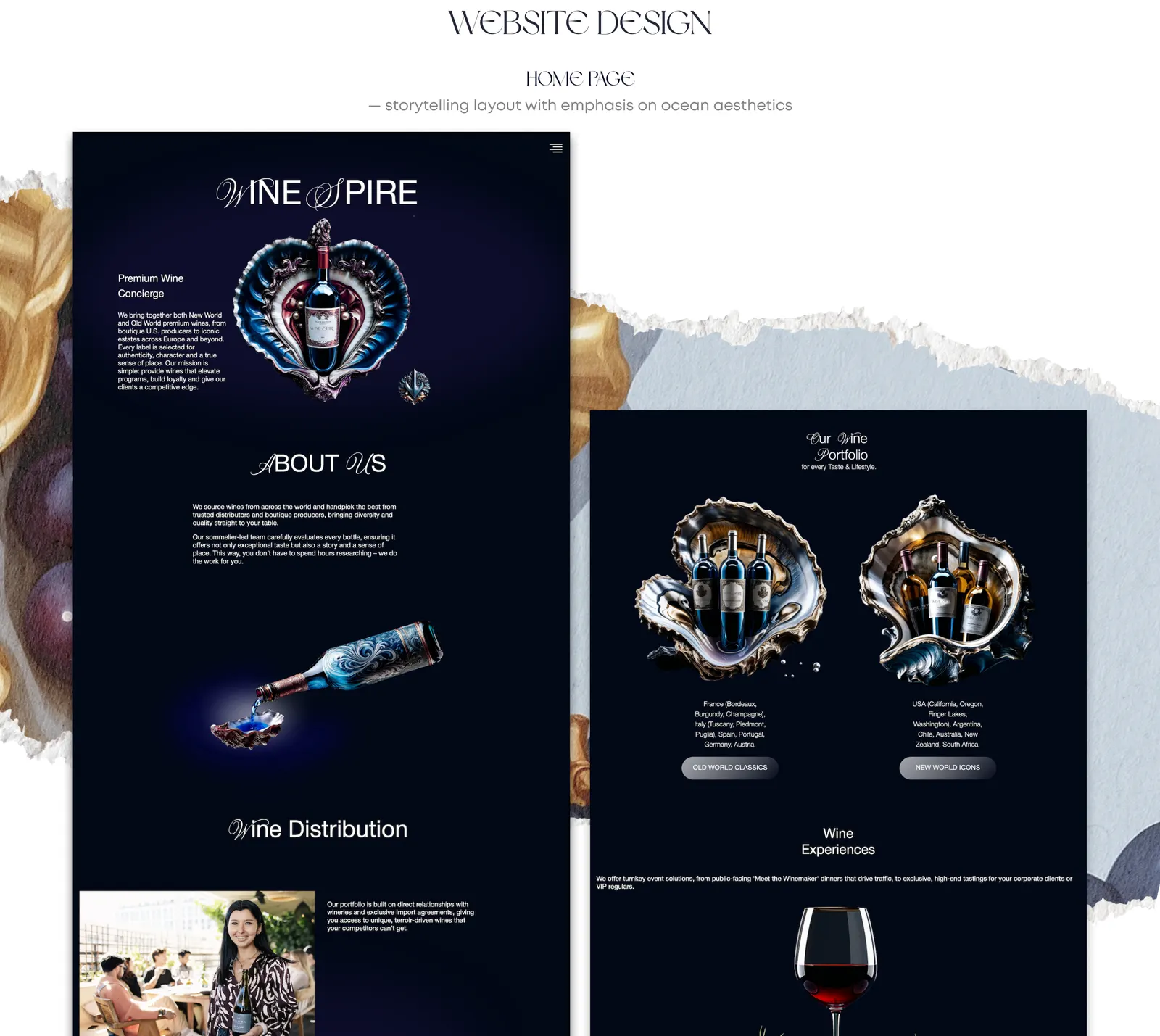 WineSpire website design, home page with wine portfolio